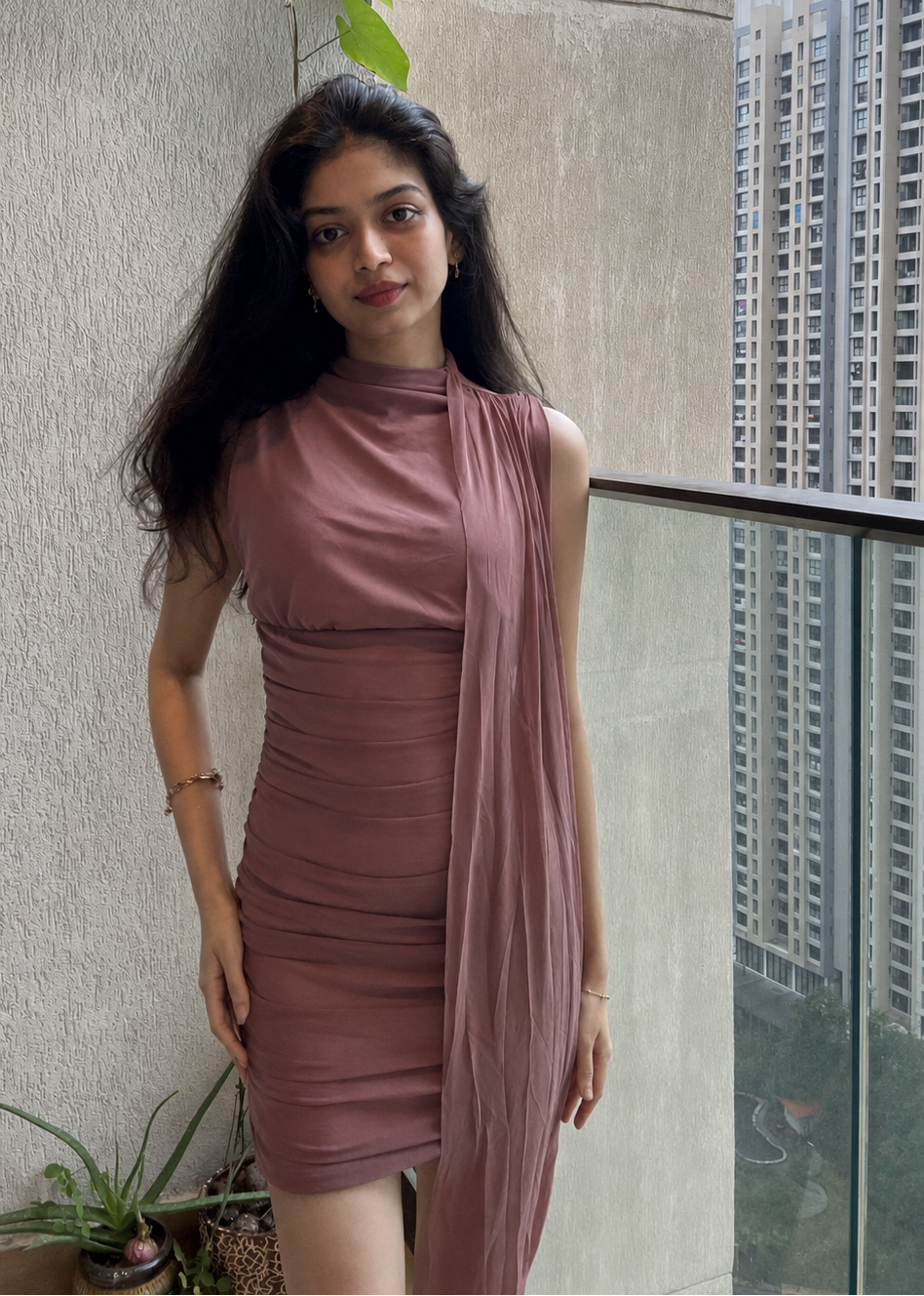 High-Neck Ruched Bodycon Mini Dress