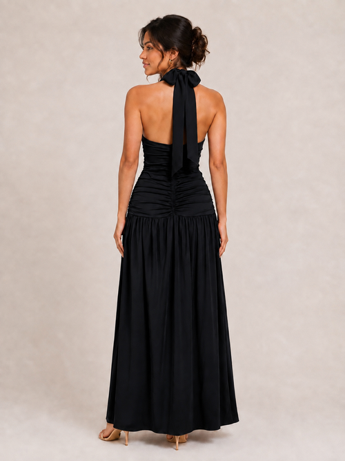 Ruched Halter Slit Maxi Dress