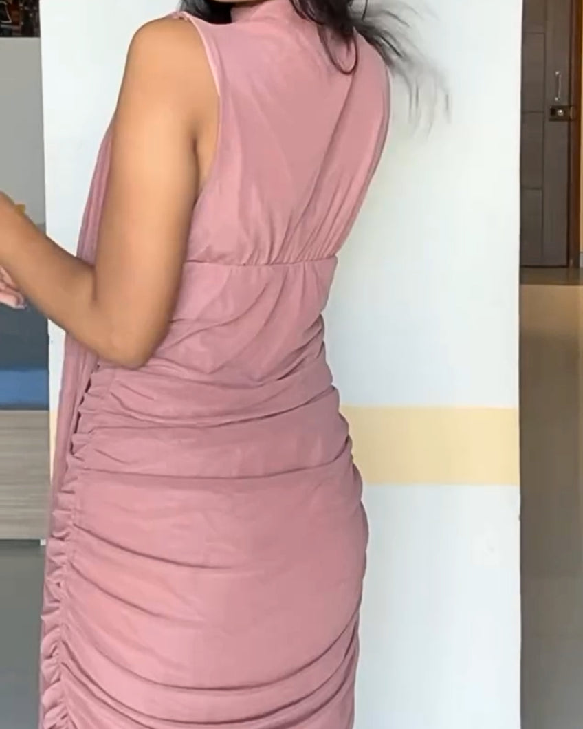 High-Neck Ruched Bodycon Mini Dress
