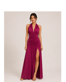 Ruched Halter Slit Maxi Dress
