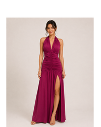 Ruched Halter Slit Maxi Dress