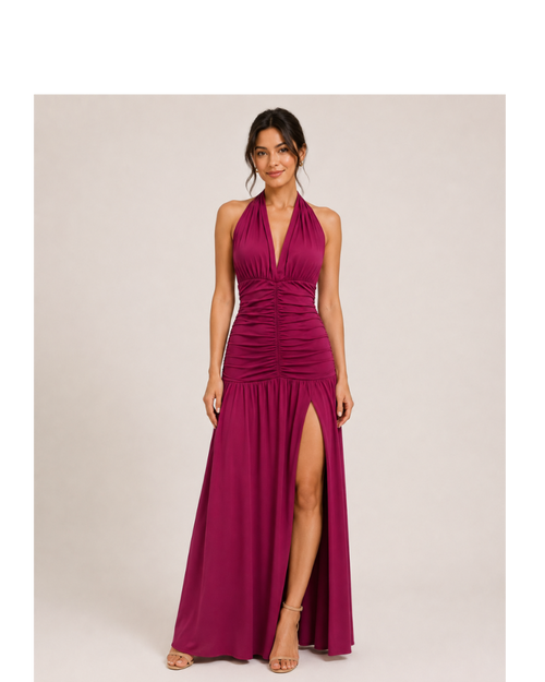 Ruched Halter Slit Maxi Dress