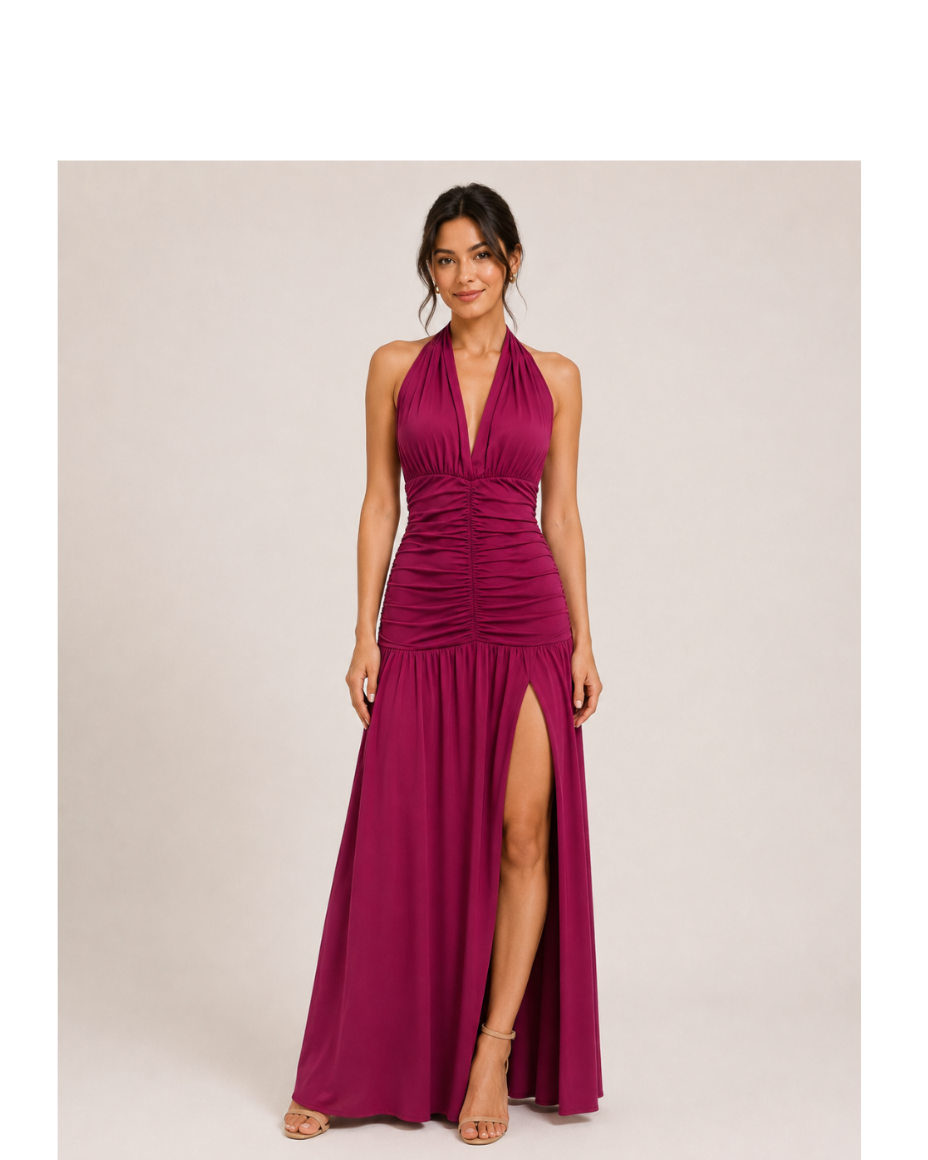 Ruched Halter Slit Maxi Dress