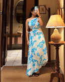 One-Shoulder Printed Pleated Maxi Dress
