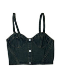 Black denim crop top with suspenders on a white background
