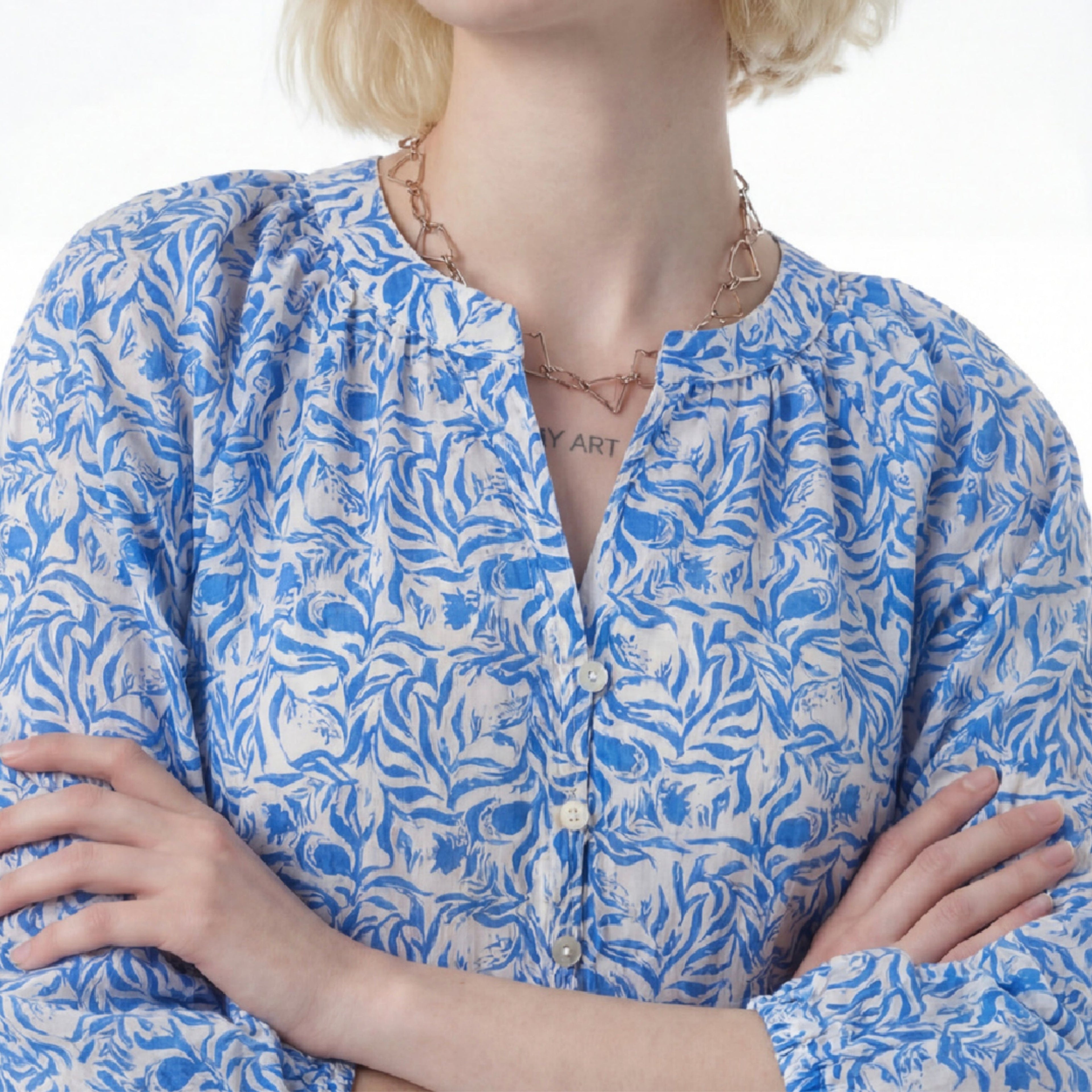 Azure Bloom Button-Down Dress