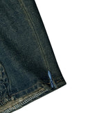 Close-up of dark blue denim fabric with a zipper on a white background