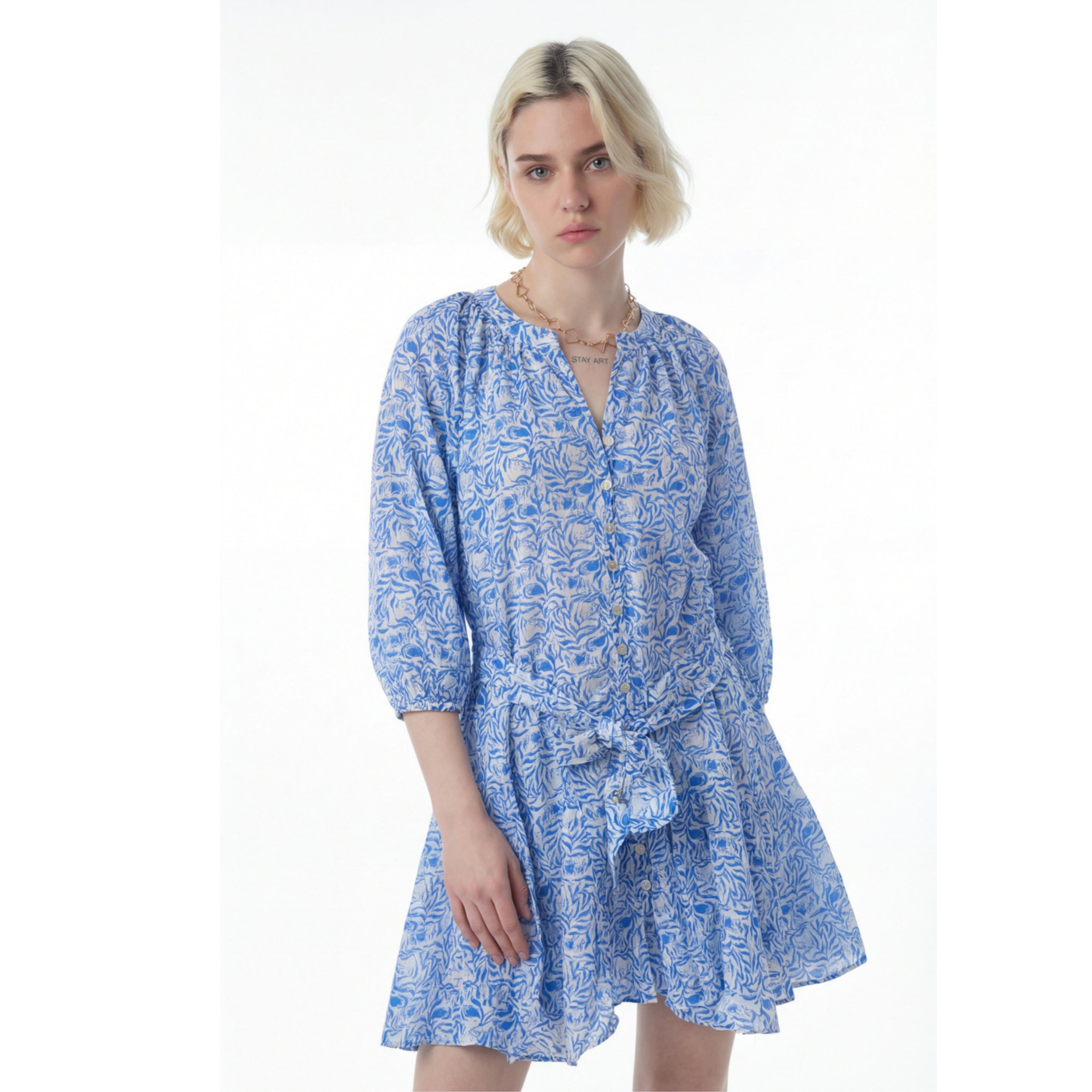 Azure Bloom Button-Down Dress