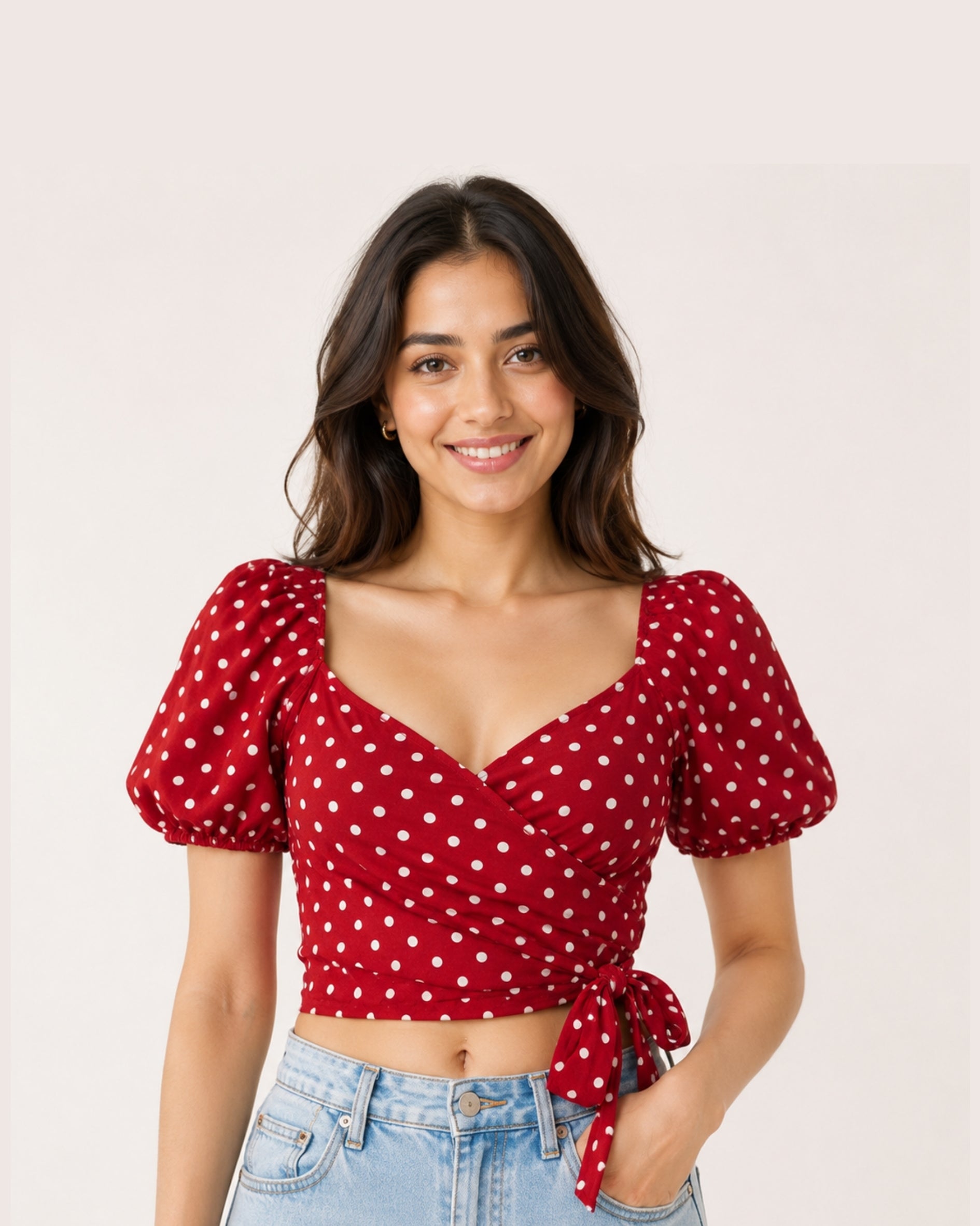 Polka Dot Wrap-Tie Crop Top