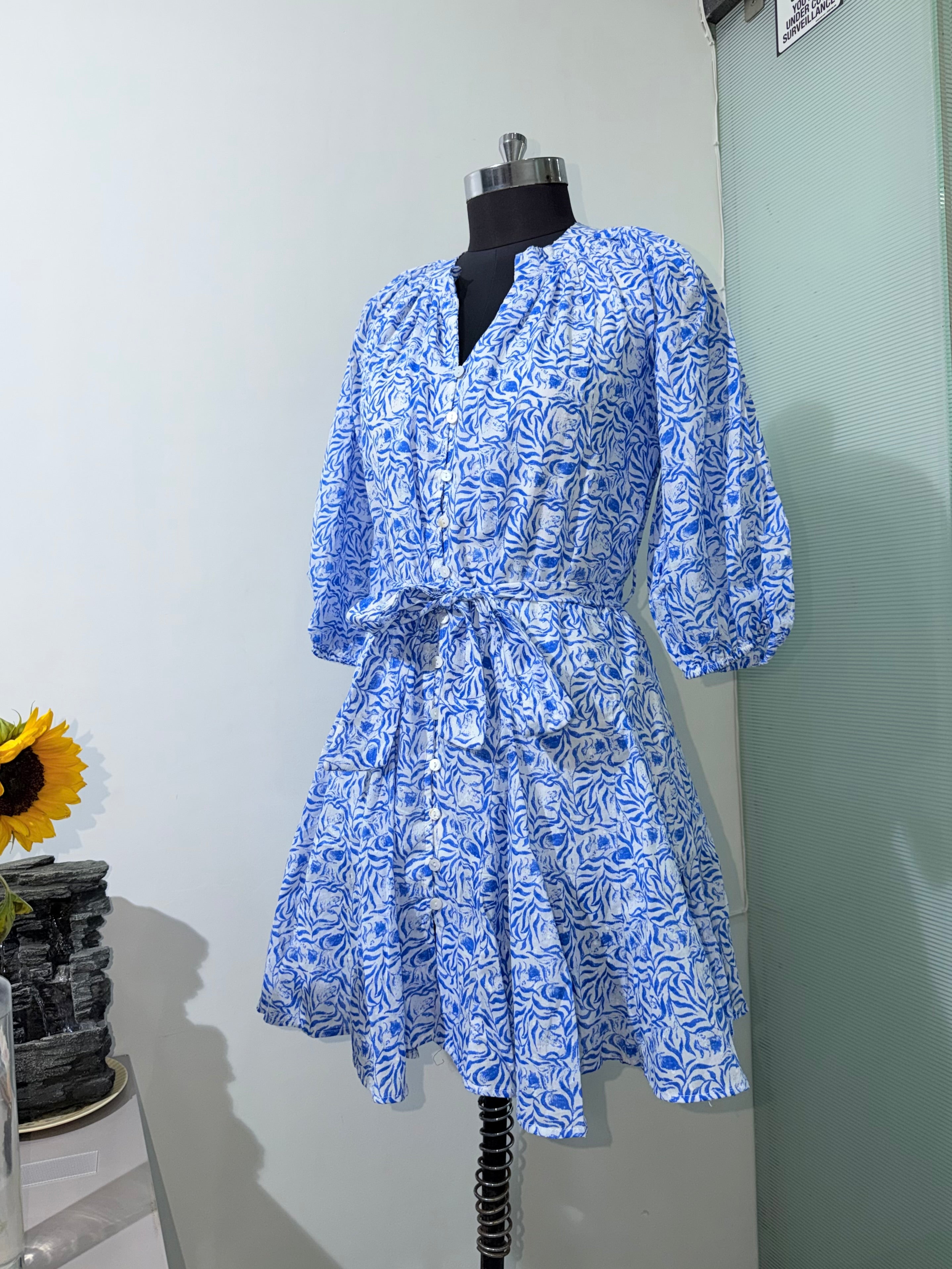 Azure Bloom Button-Down Dress