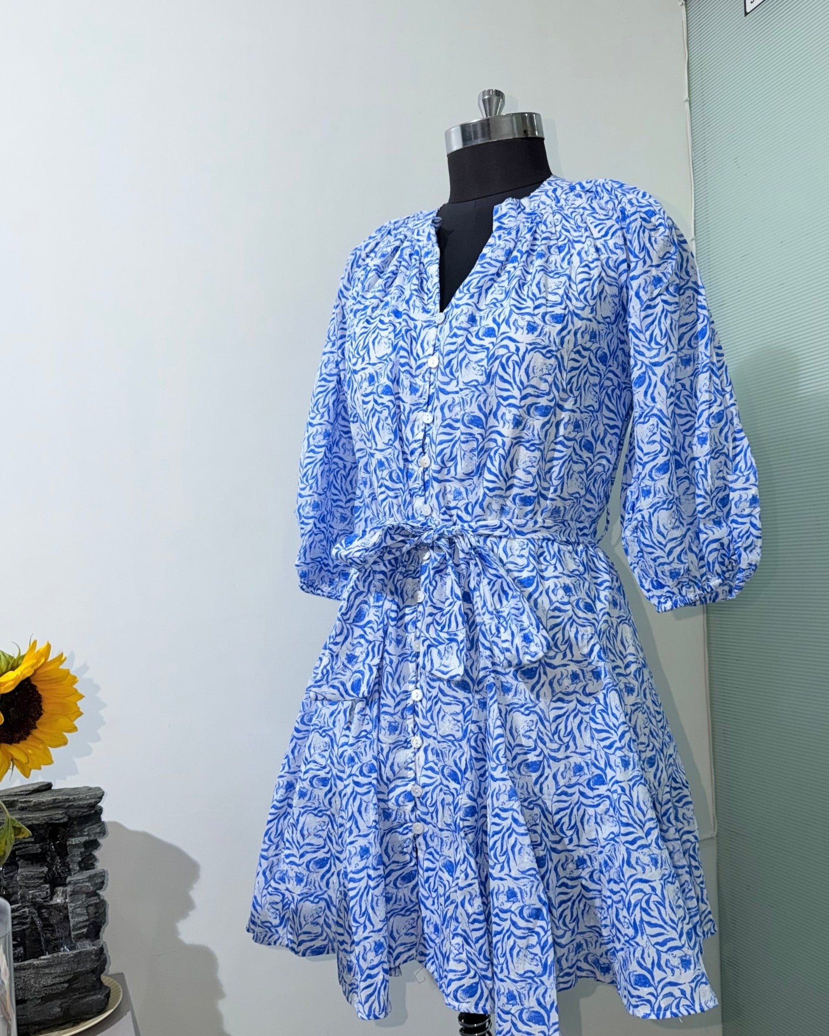 Azure Bloom Button-Down Dress
