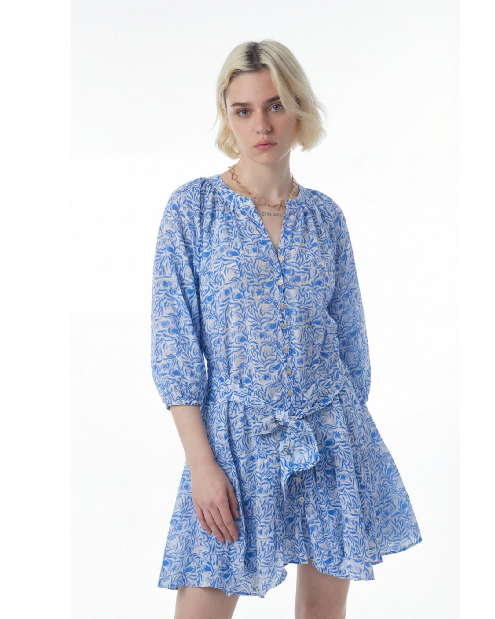 Azure Bloom Button-Down Dress