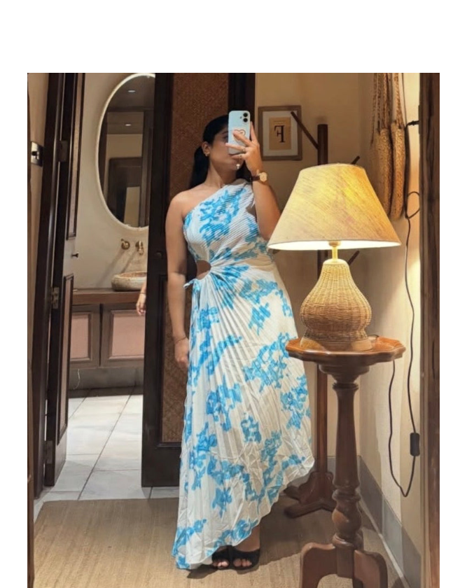 One-Shoulder Printed Pleated Maxi Dress