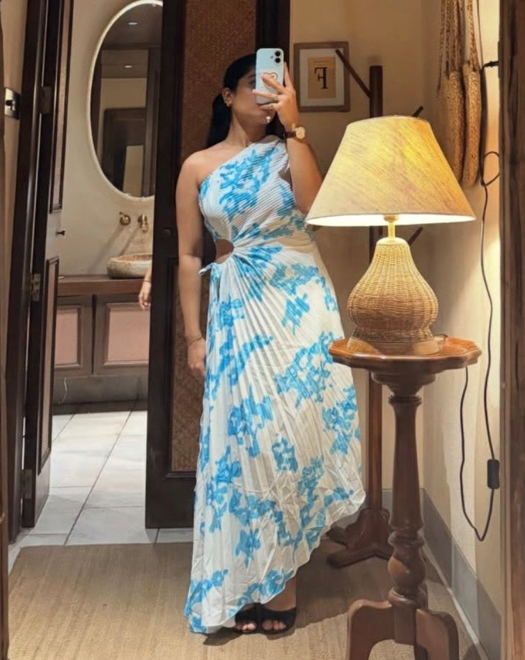 One-Shoulder Printed Pleated Maxi Dress