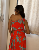 One-Shoulder Printed Pleated Maxi Dress