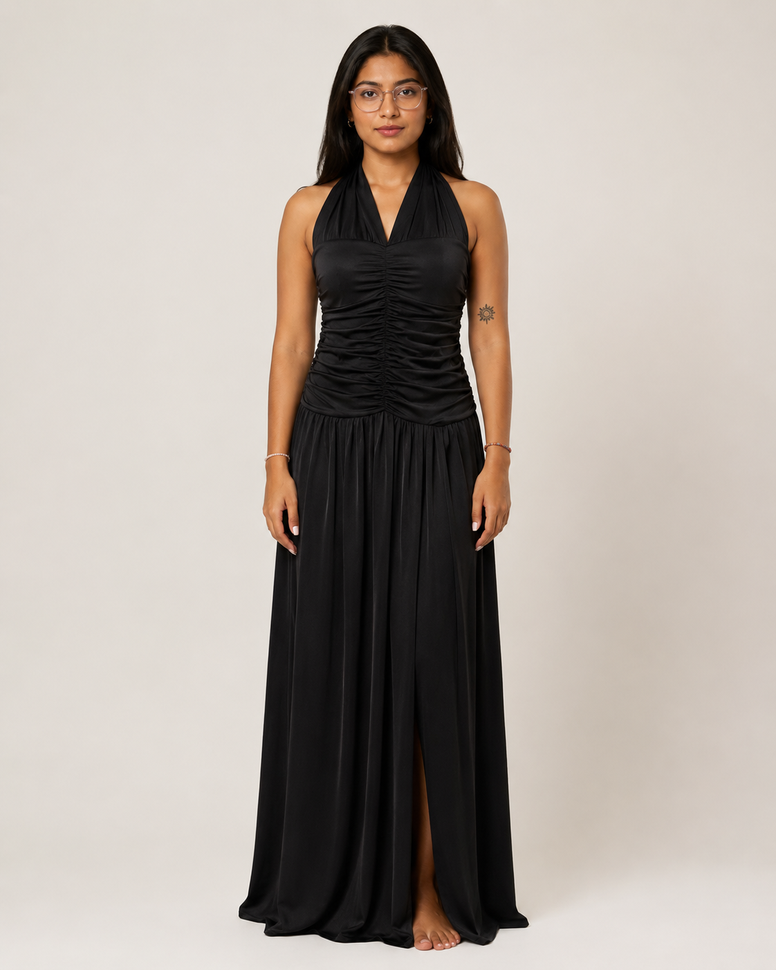 Ruched Halter Slit Maxi Dress