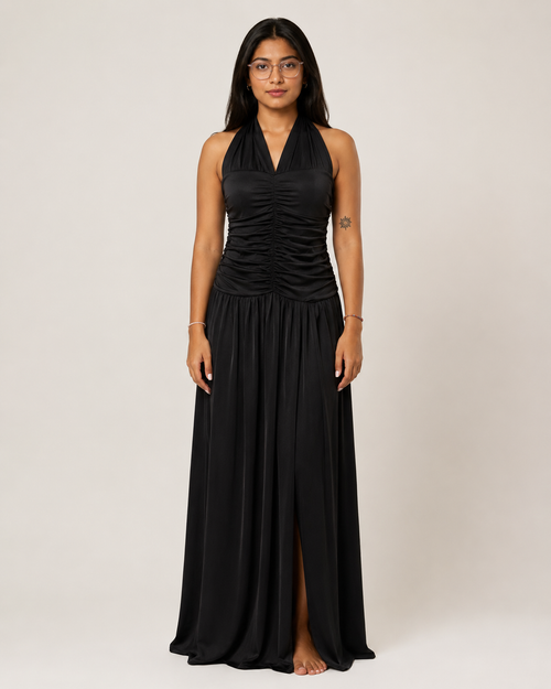 Ruched Halter Slit Maxi Dress