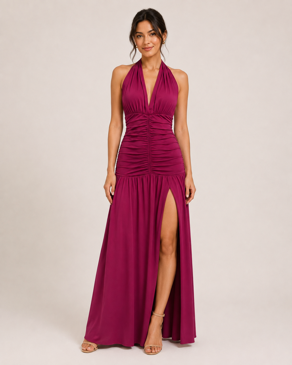 Ruched Halter Slit Maxi Dress