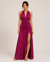 Ruched Halter Slit Maxi Dress