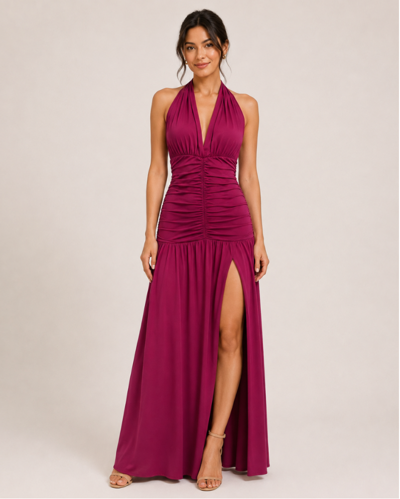 Ruched Halter Slit Maxi Dress