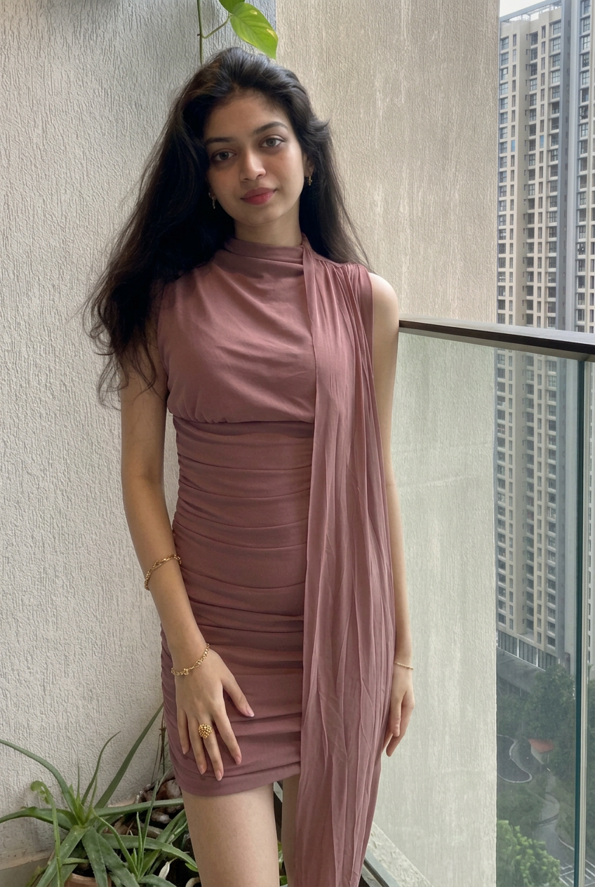 High-Neck Ruched Bodycon Mini Dress