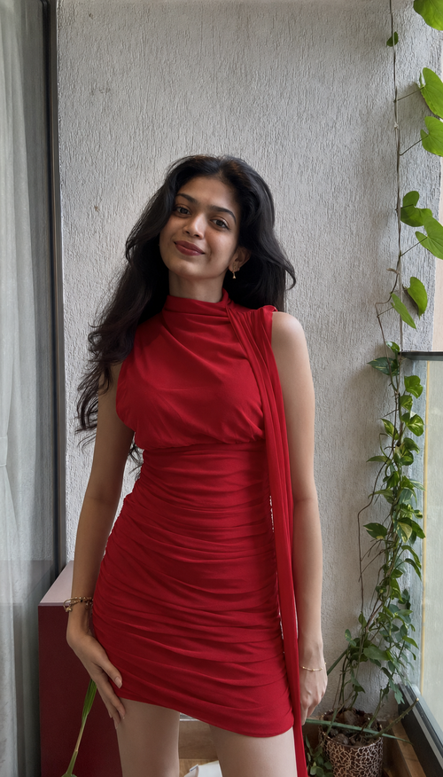 High-Neck Ruched Bodycon Mini Dress