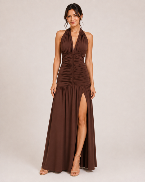 Ruched Halter Slit Maxi Dress