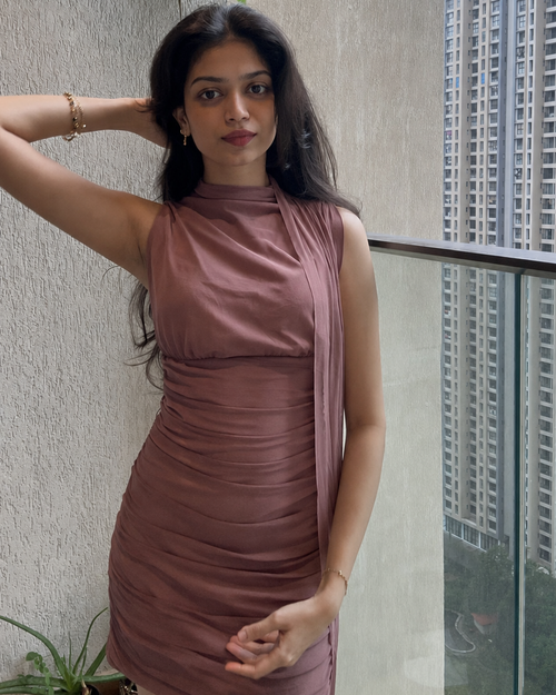 High-Neck Ruched Bodycon Mini Dress