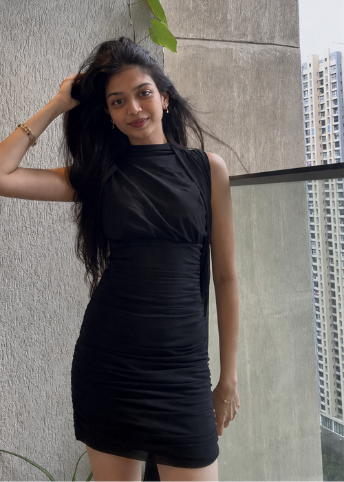 High-Neck Ruched Bodycon Mini Dress