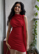 High-Neck Ruched Bodycon Mini Dress