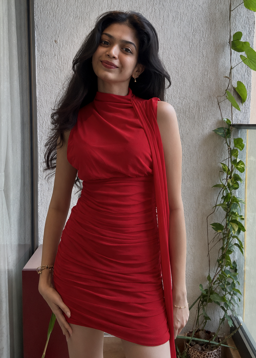 High-Neck Ruched Bodycon Mini Dress