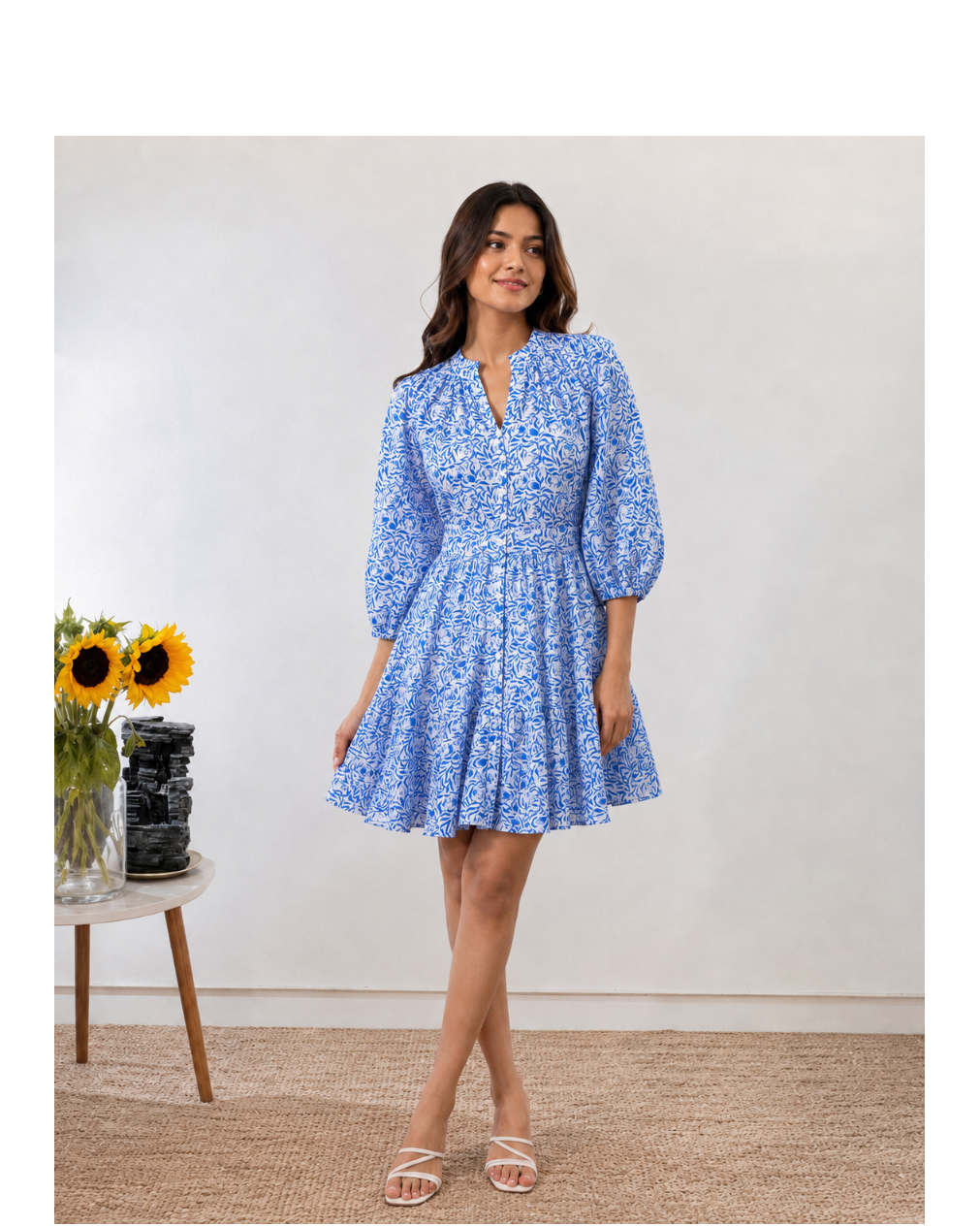 Azure Bloom Button-Down Dress