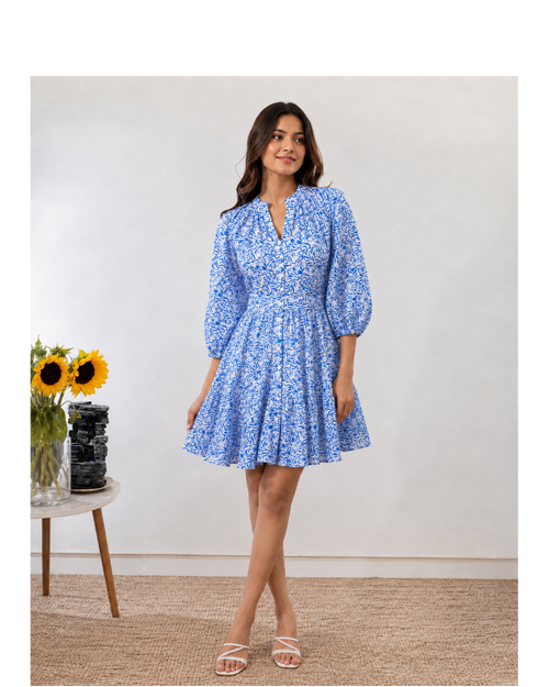 Azure Bloom Button-Down Dress