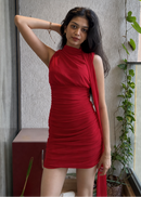 High-Neck Ruched Bodycon Mini Dress