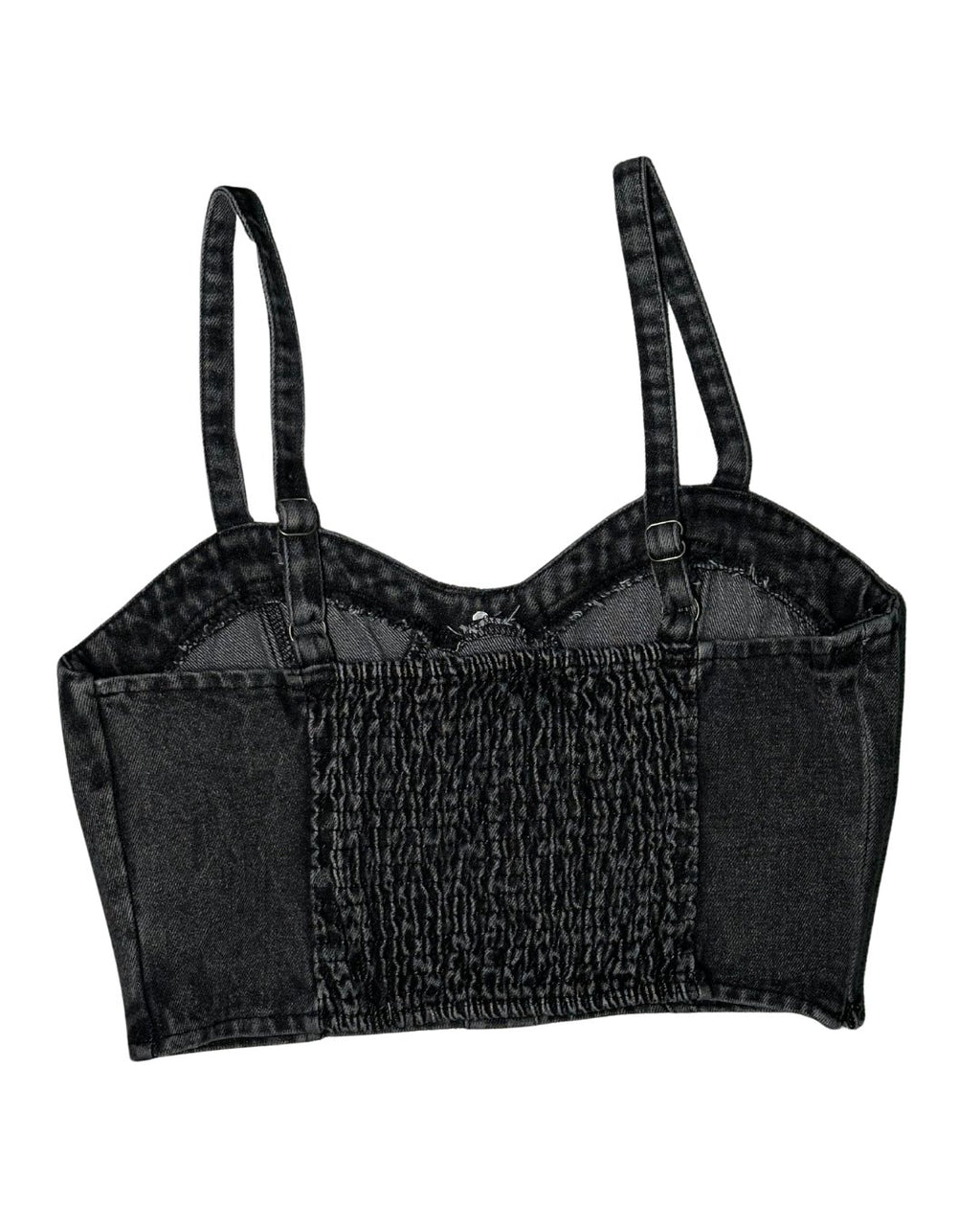 Black denim crop top with suspenders on a white background
