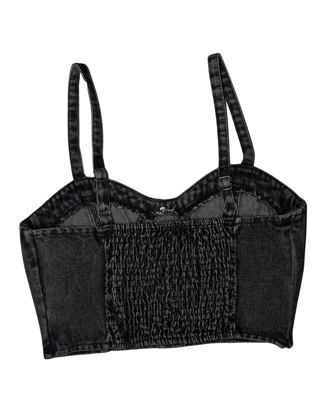 Black denim crop top with suspenders on a white background