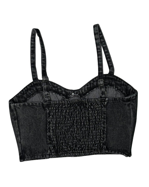 Black denim crop top with suspenders on a white background