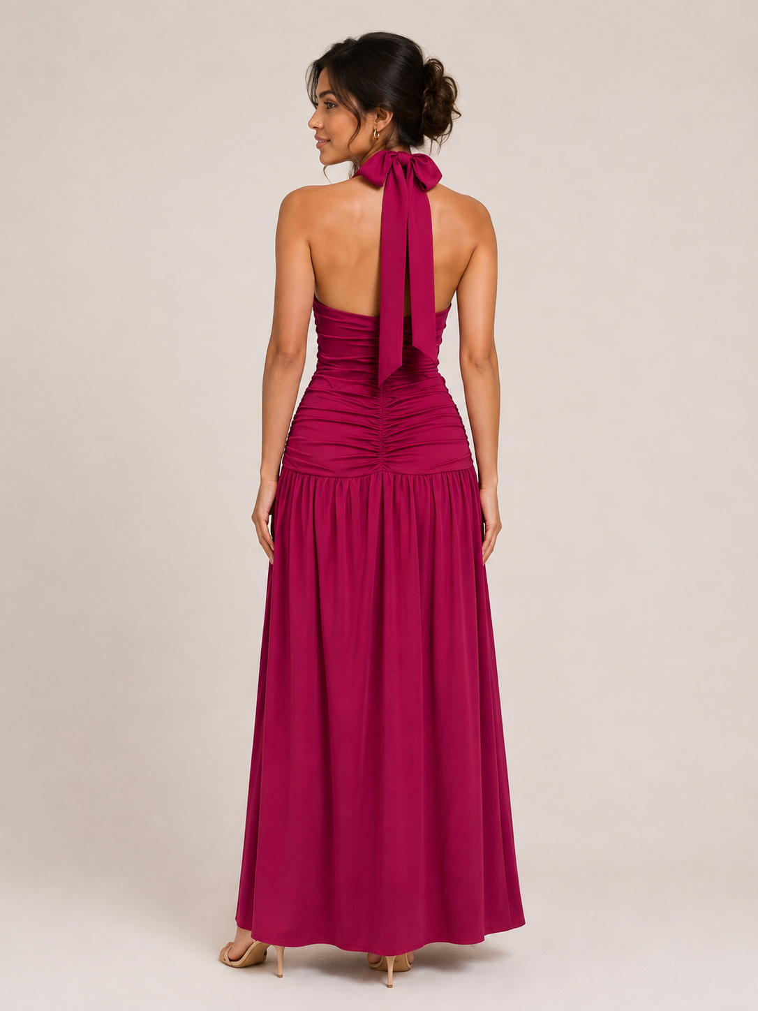 Ruched Halter Slit Maxi Dress