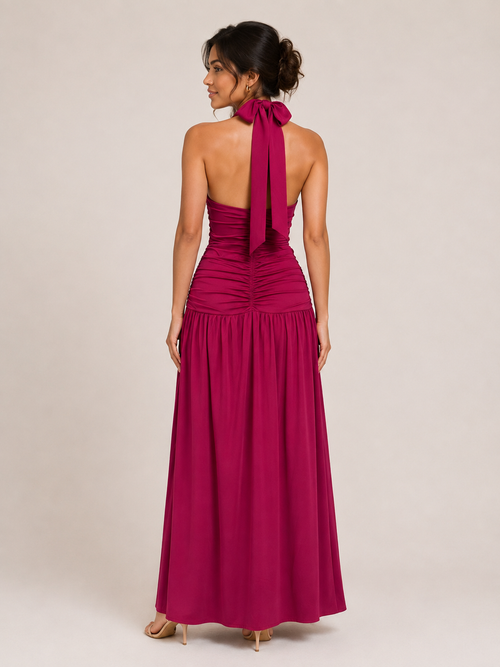 Ruched Halter Slit Maxi Dress