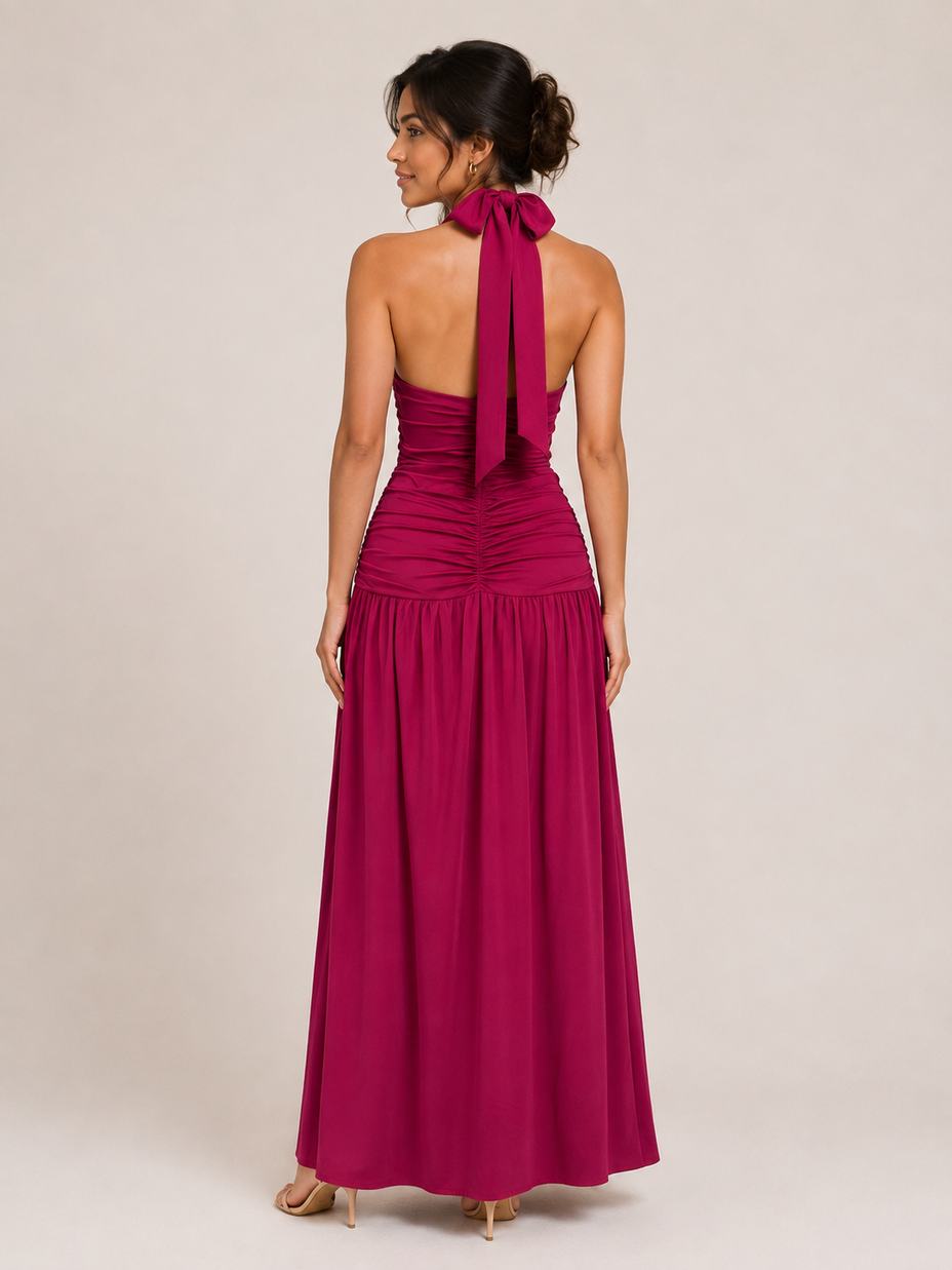 Ruched Halter Slit Maxi Dress