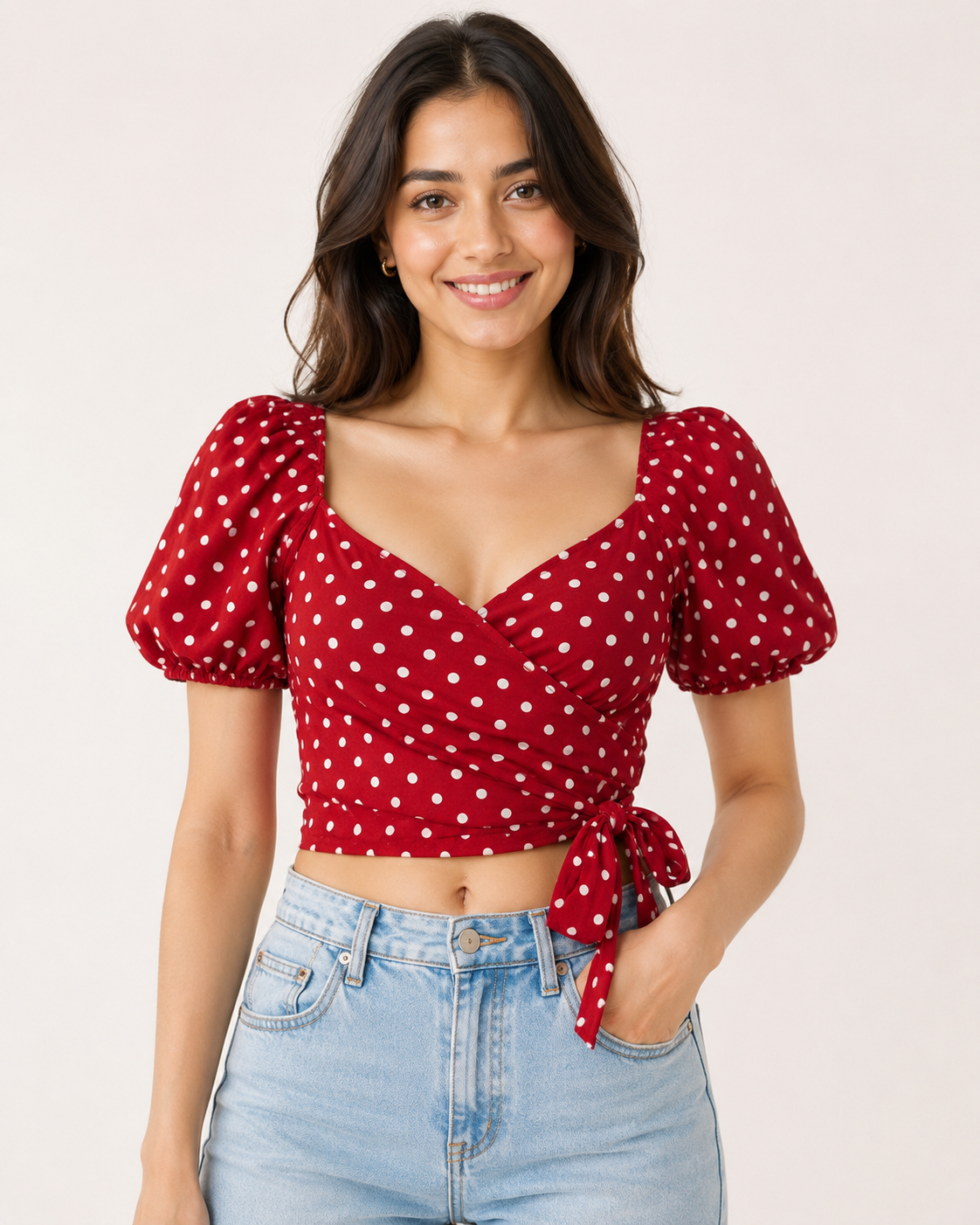 Polka Dot Wrap-Tie Crop Top