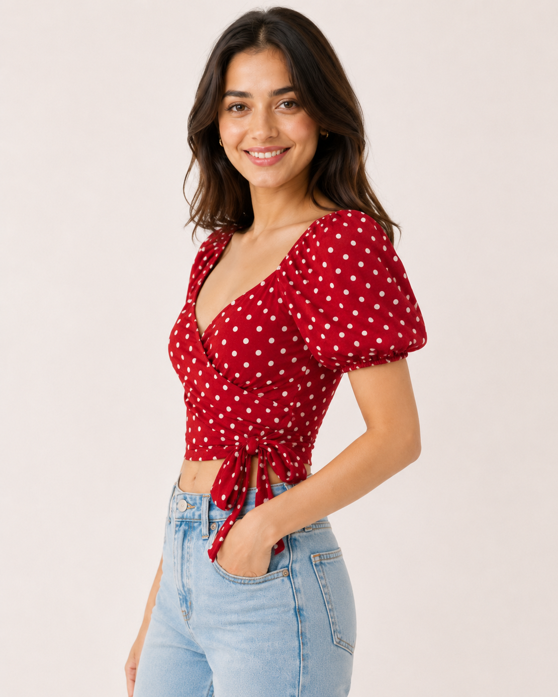 Polka Dot Wrap-Tie Crop Top