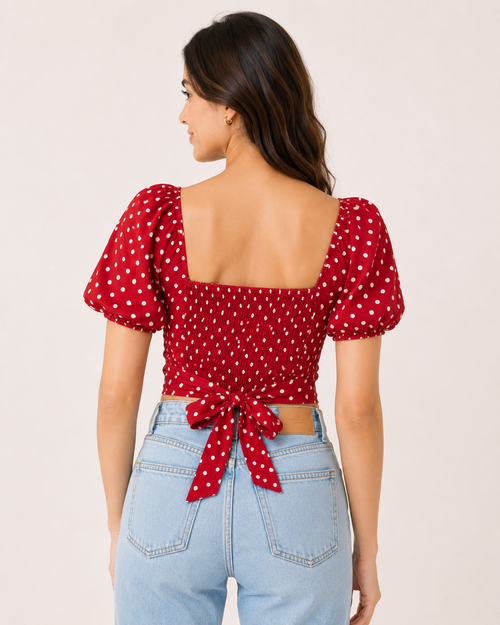 Polka Dot Wrap-Tie Crop Top