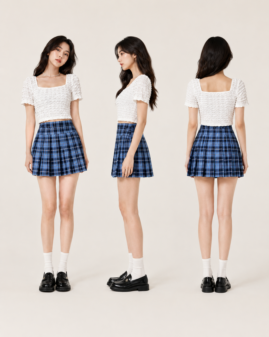 Blue Plaid Pleated Mini Skirt