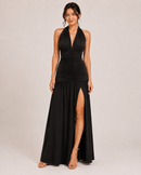 Ruched Halter Slit Maxi Dress