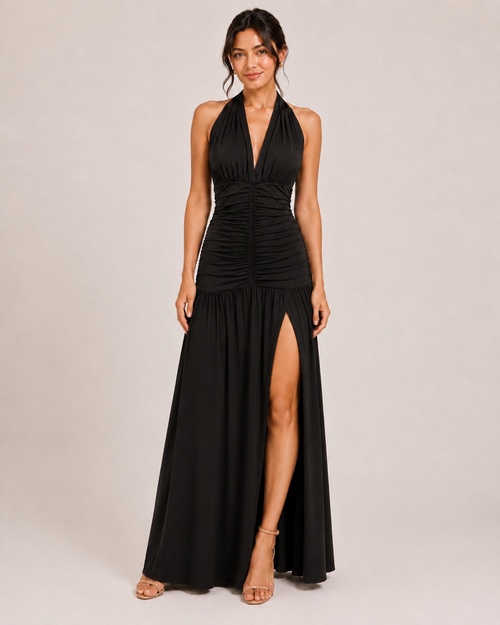 Ruched Halter Slit Maxi Dress