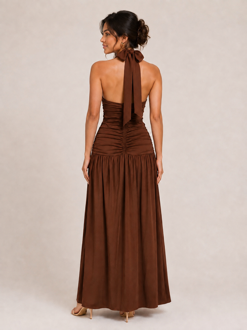 Ruched Halter Slit Maxi Dress