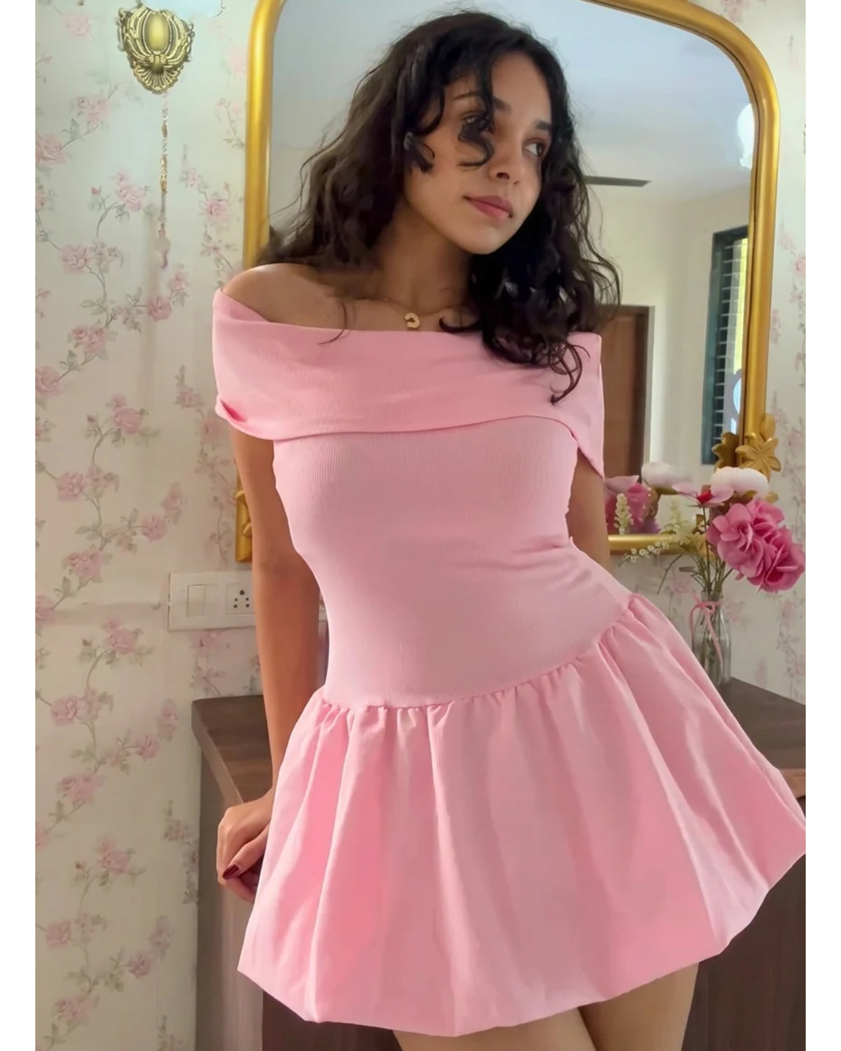 Off-Shoulder Bubble Mini Dress